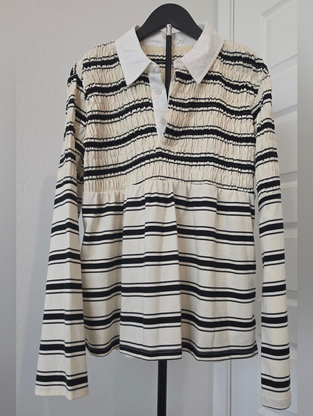 Smocked Striped Long-Sleeve Polo Top - Black & Cream